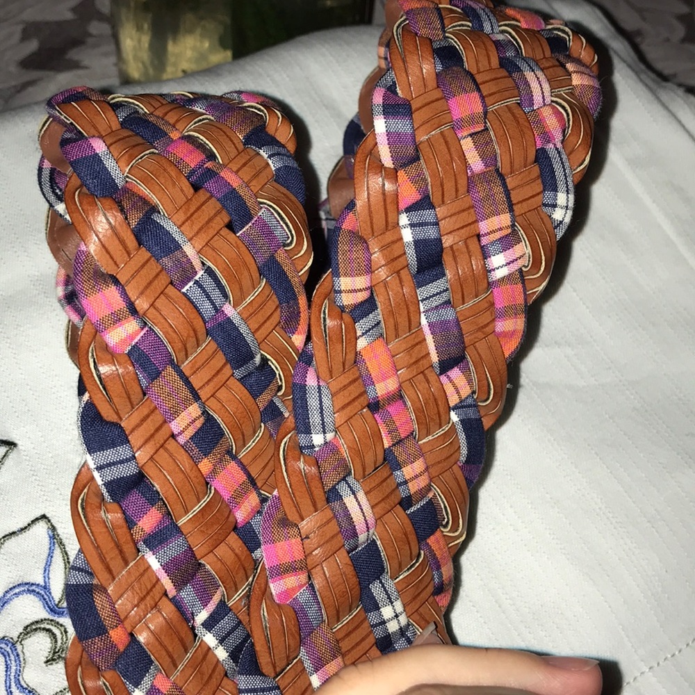 Beautiful braided plaid and brown belt w brass 34 inches